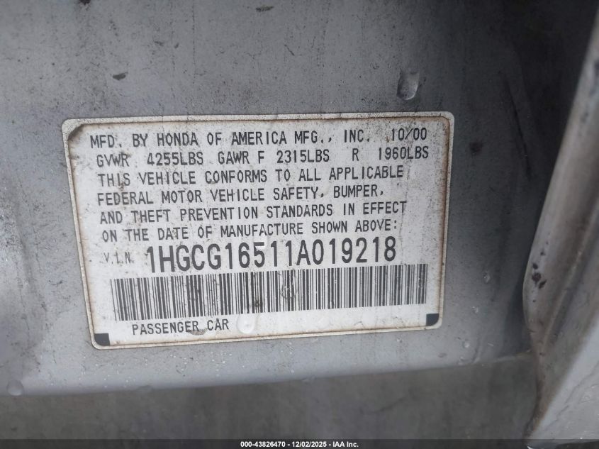 2001 Honda Accord 3.0 Ex VIN: 1HGCG16511A019218 Lot: 43826470