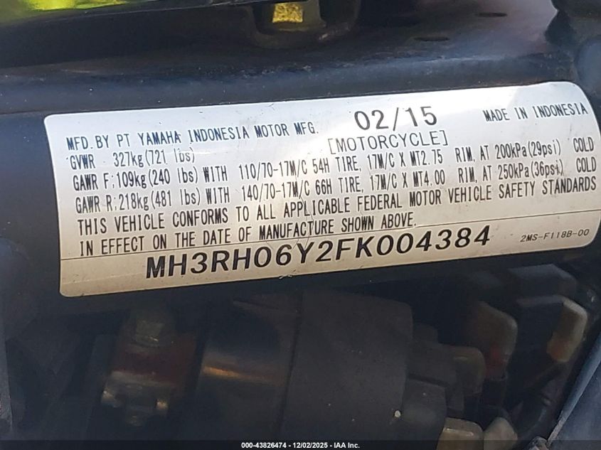 2015 Yamaha Yzfr3 VIN: MH3RH06Y2FK004384 Lot: 43826474