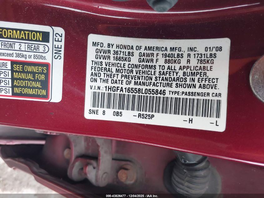 2008 Honda Civic Lx VIN: 1HGFA16558L055846 Lot: 43826477