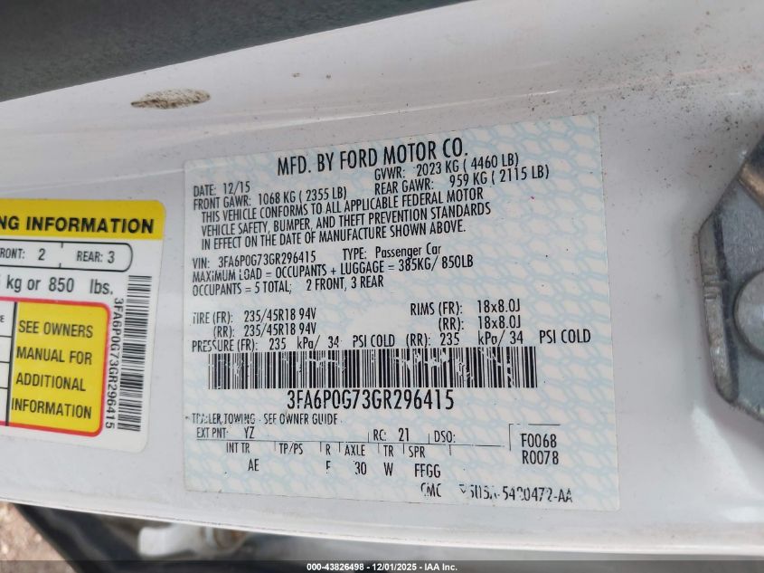 2016 Ford Fusion S VIN: 3FA6P0G73GR296415 Lot: 43826498