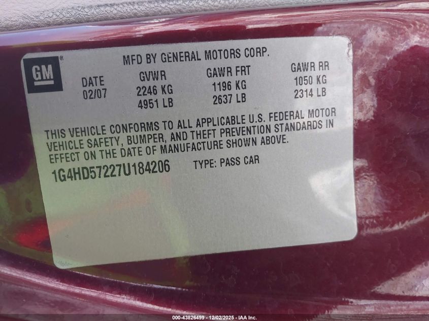 2007 Buick Lucerne Cxl VIN: 1G4HD57227U184206 Lot: 43826499
