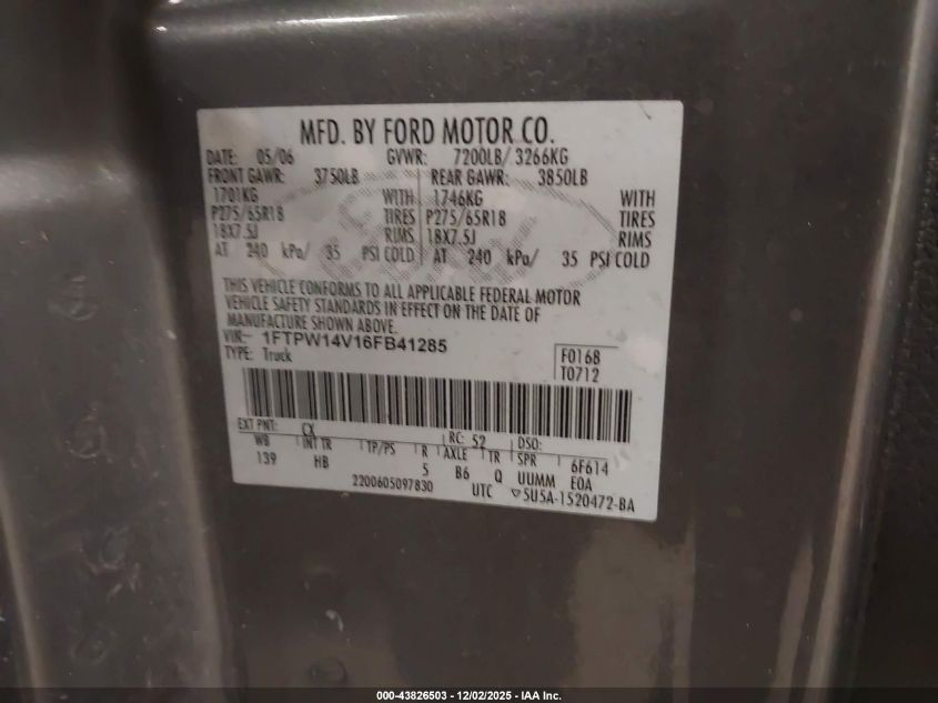 2006 Ford F-150 Fx4/Lariat/Xlt VIN: 1FTPW14V16FB41285 Lot: 43826503