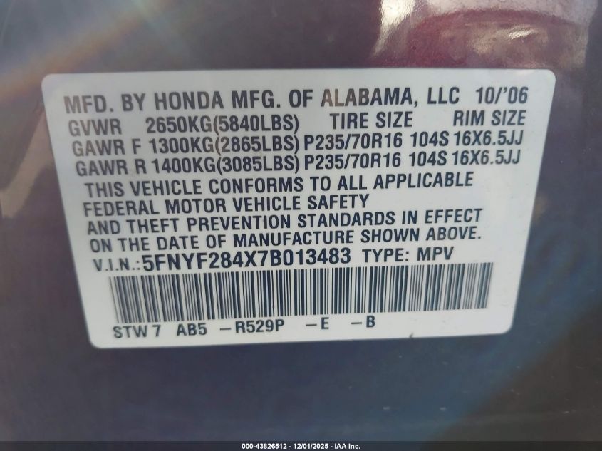 2007 Honda Pilot Ex VIN: 5FNYF284X7B013483 Lot: 43826512