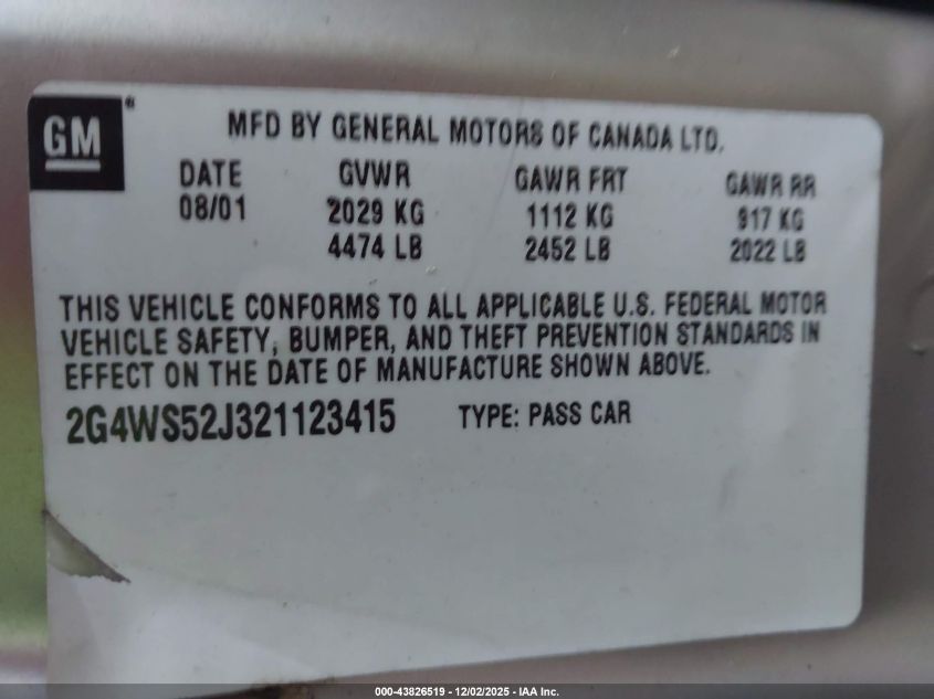 2002 Buick Century Custom VIN: 2G4WS52J321123415 Lot: 43826519