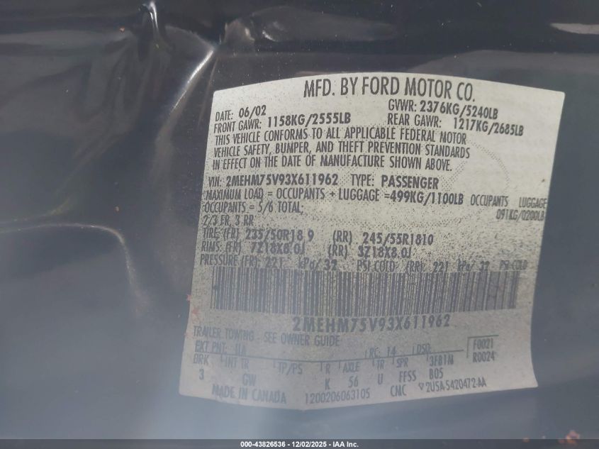 2003 Mercury Marauder VIN: 2MEHM75V93X611962 Lot: 43826536