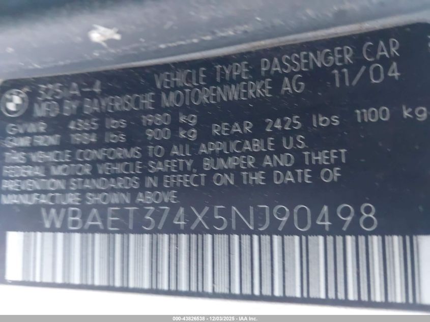 2005 BMW 325I VIN: WBAET374X5NJ90498 Lot: 43826538