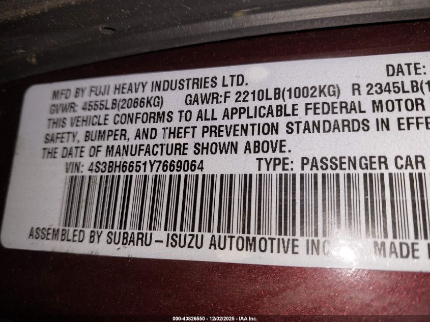 2000 Subaru Outback VIN: 4S3BH6651Y7669064 Lot: 43826550