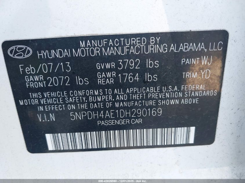 2013 Hyundai Elantra Gls VIN: 5NPDH4AE1DH290169 Lot: 43826560