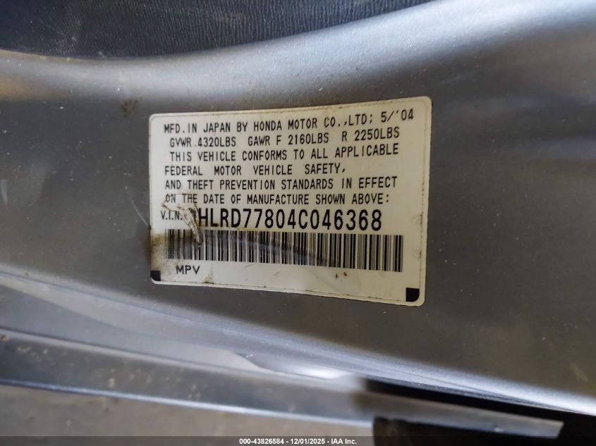 2004 Honda Cr-V Ex VIN: JHLRD77804C046368 Lot: 43826584