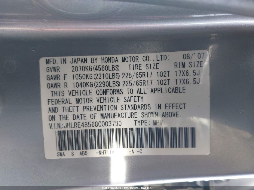 2008 Honda Cr-V Ex VIN: JHLRE48568C003790 Lot: 43826590