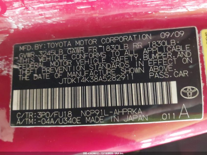 2010 Toyota Yaris VIN: JTDKT4K38A5282911 Lot: 43826612