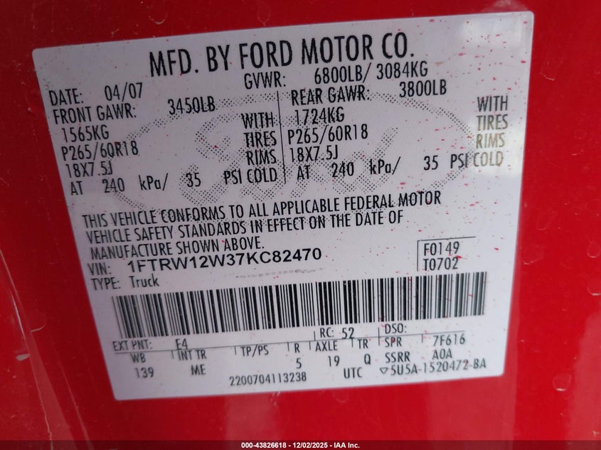 1FTRW12W37KC82470 2007 FORD F-150 photo no. 9