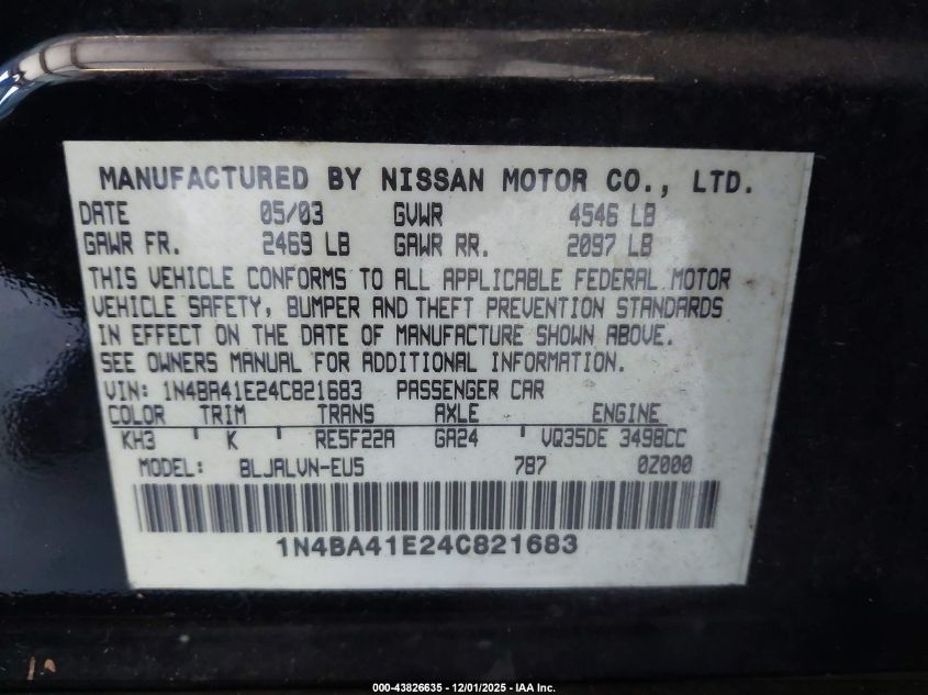 2004 Nissan Maxima 3.5 Se VIN: 1N4BA41E24C821683 Lot: 43826635