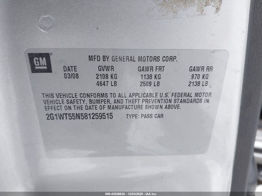 2008 Chevrolet Impala Lt VIN: 2G1WT55N581259515 Lot: 43826638