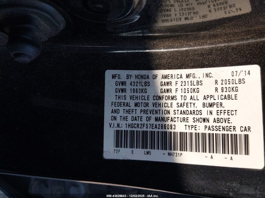 2014 Honda Accord Sport VIN: 1HGCR2F57EA286093 Lot: 43826643