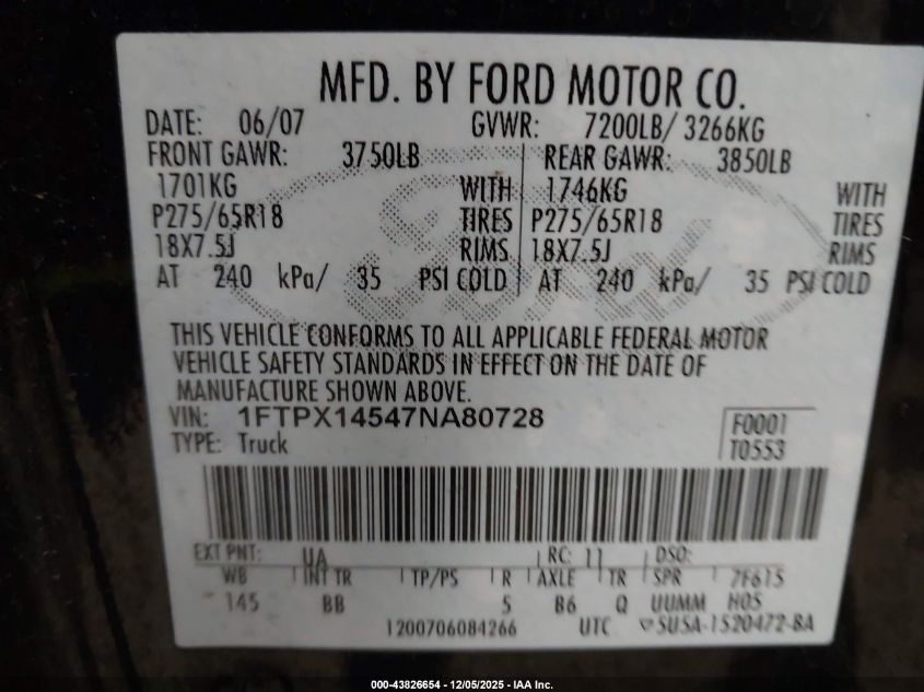 2007 Ford F-150 Fx4/Lariat/Xl/Xlt VIN: 1FTPX14547NA80728 Lot: 43826654