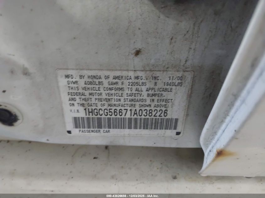 2001 Honda Accord 2.3 Ex VIN: 1HGCG56671A038226 Lot: 43826656