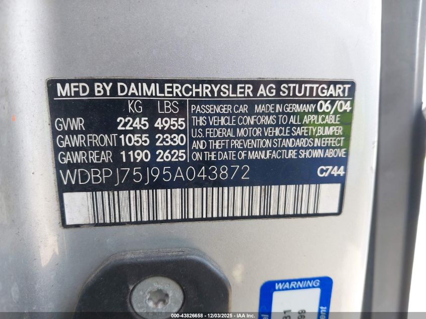 2005 Mercedes-Benz Cl 500 VIN: WDBPJ75J95A043872 Lot: 43826658