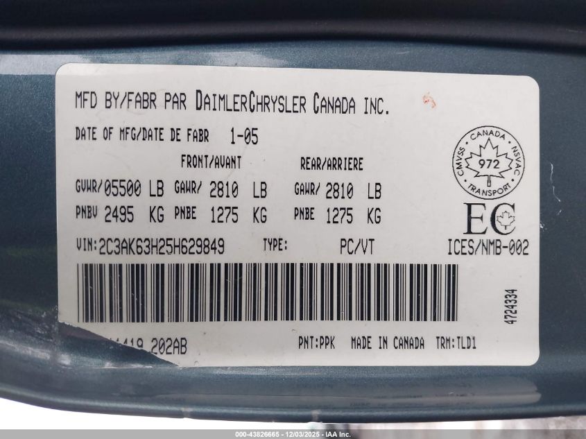 2005 Chrysler 300C VIN: 2C3AK63H25H629849 Lot: 43826665