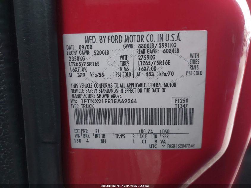 2001 Ford F-250 Lariat/Xl/Xlt VIN: 1FTNX21F81EA69264 Lot: 43826670