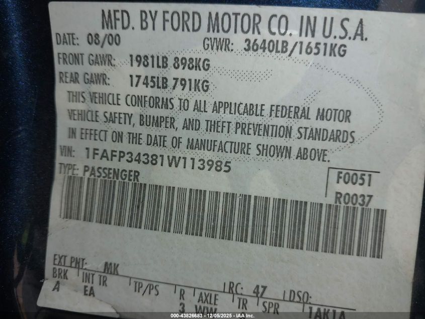 2001 Ford Focus Se VIN: 1FAFP34381W113985 Lot: 43826683
