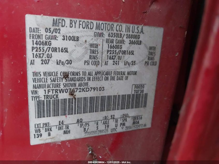 2002 Ford F-150 King Ranch/Lariat/Xlt VIN: 1FTRW07672KD79103 Lot: 43826684