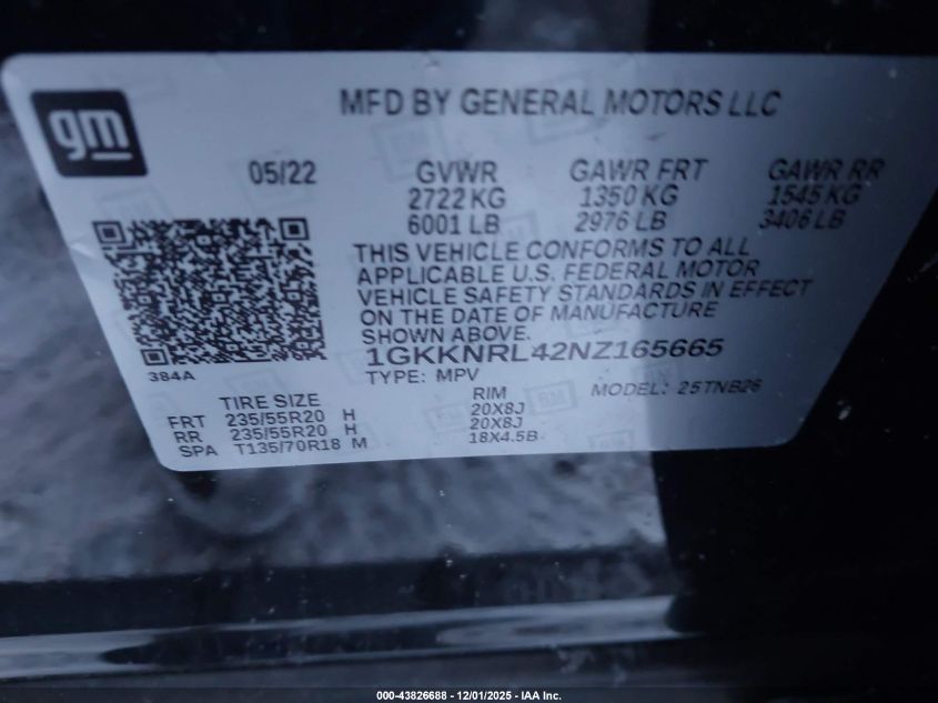 2022 GMC Acadia Awd Sle VIN: 1GKKNRL42NZ165665 Lot: 43826688