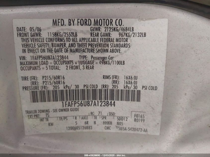 2007 Ford Taurus Sel VIN: 1FAFP56U87A123844 Lot: 43826690