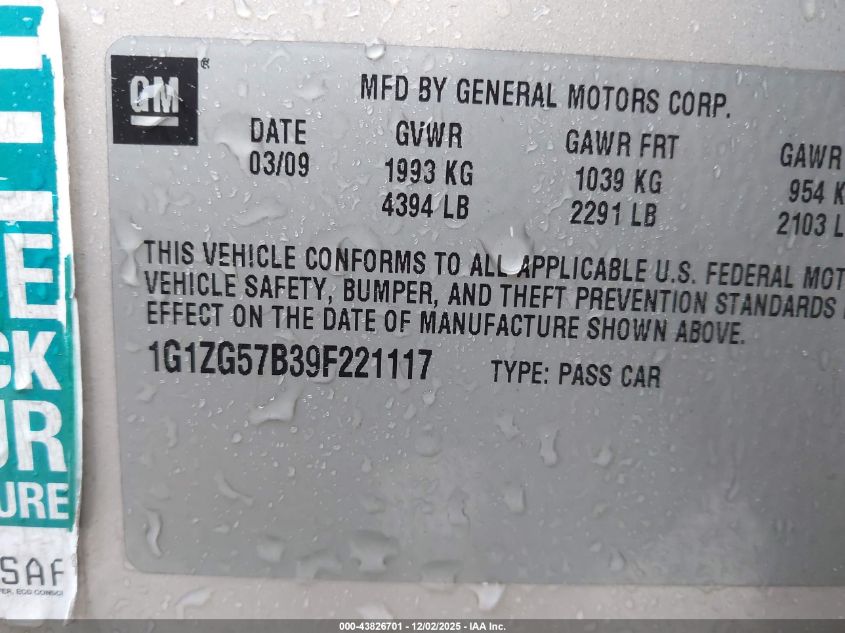 2009 Chevrolet Malibu Ls VIN: 1G1ZG57B39F221117 Lot: 43826701