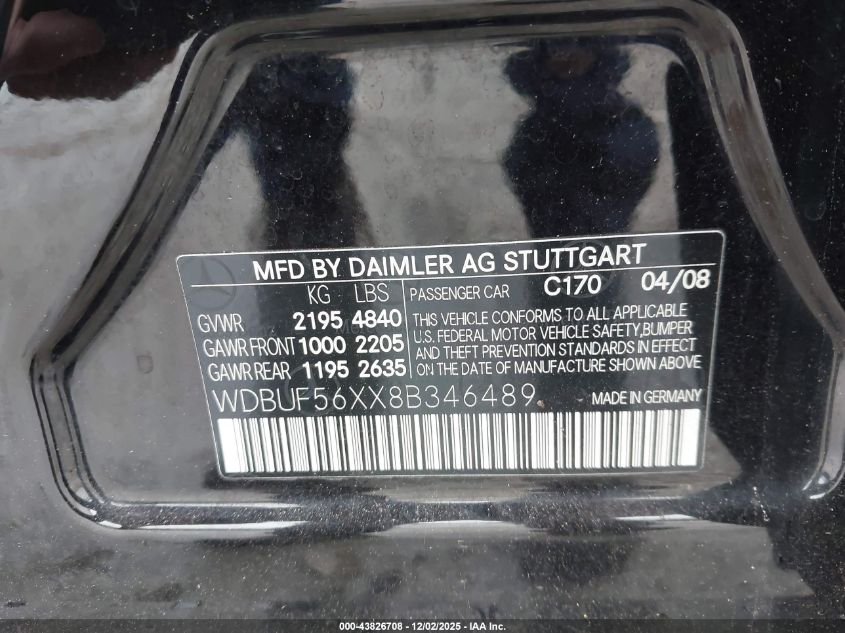 2008 Mercedes-Benz E 350 VIN: WDBUF56XX8B346489 Lot: 43826708