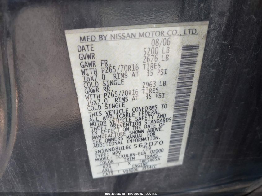 2006 Nissan Xterra S VIN: 5N1AN08U16C562070 Lot: 43826713