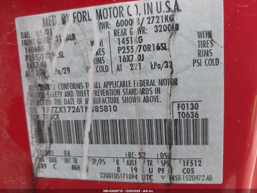 2001 Ford F-150 Xl/Xlt VIN: 1FTZX17261KB85810 Lot: 43826715
