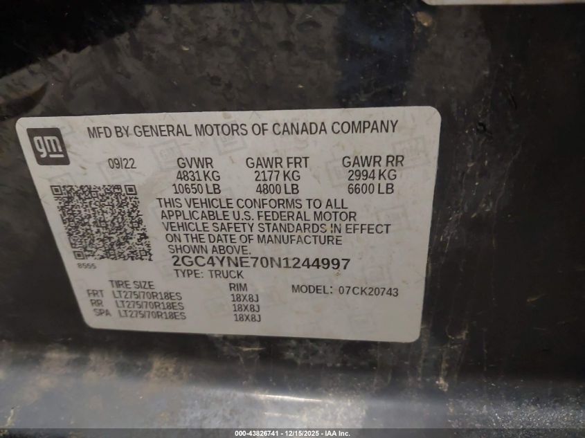 2022 Chevrolet Silverado 2500Hd 4Wd Standard Bed Lt VIN: 2GC4YNE70N1244997 Lot: 43826741