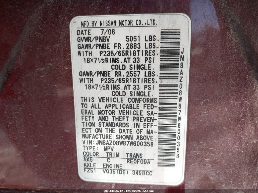 2007 Nissan Murano Sl VIN: JN8AZ08W87W600358 Lot: 43826742
