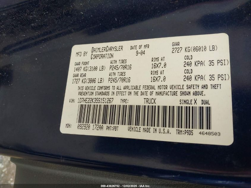 2005 Dodge Dakota St VIN: 1D7HE22K35S151267 Lot: 43826752