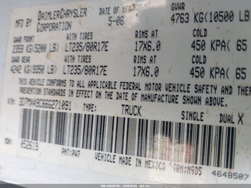 2006 Dodge Ram 3500 Slt VIN: 3D7MX49C66G271091 Lot: 43826756