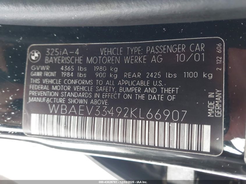 2002 BMW 325I VIN: WBAEV33492KL66907 Lot: 43826761