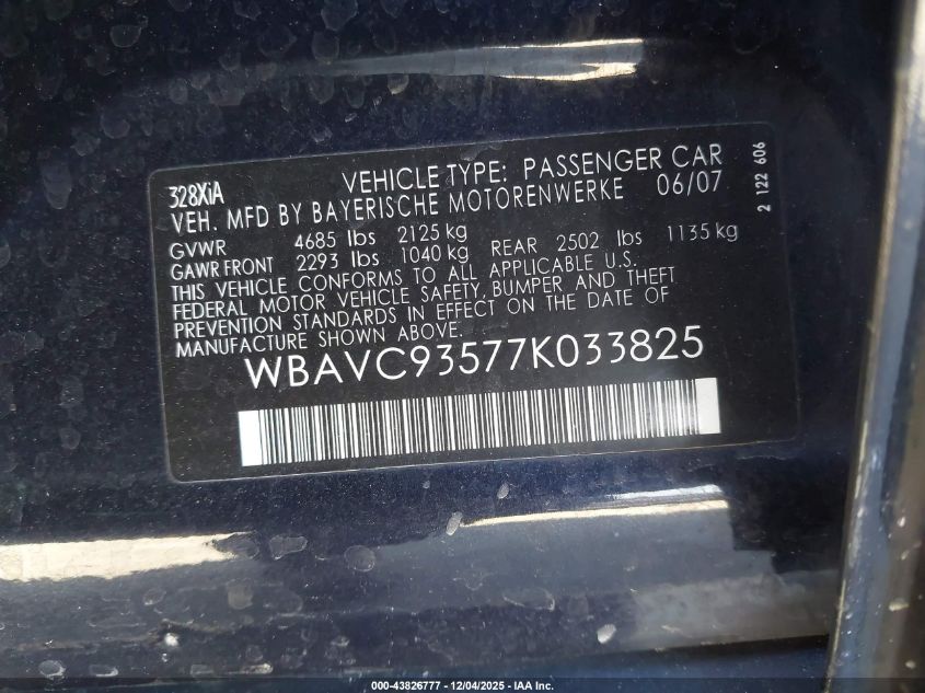 2007 BMW 328Xi VIN: WBAVC93577K033825 Lot: 43826777