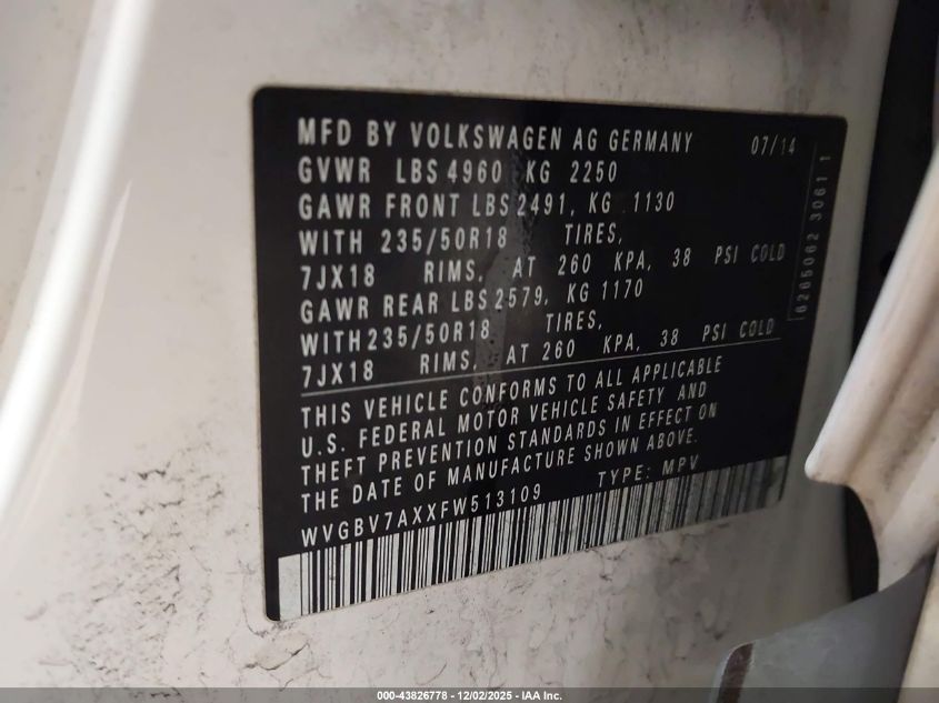 2015 Volkswagen Tiguan Se VIN: WVGBV7AXXFW513109 Lot: 43826778