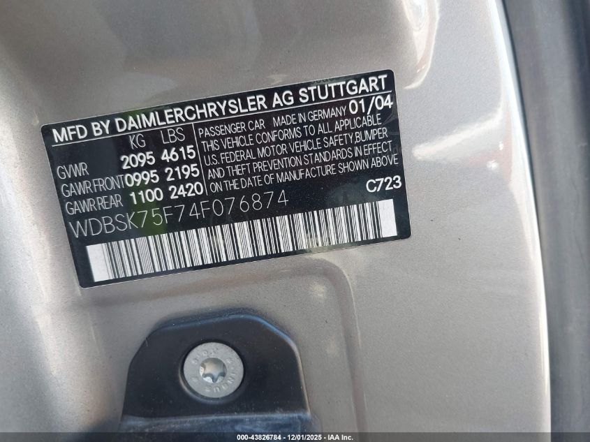 2004 Mercedes-Benz Sl 500 VIN: WDBSK75F74F076874 Lot: 43826784