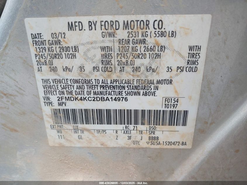 2013 Ford Edge Limited VIN: 2FMDK4KC2DBA14976 Lot: 43826805