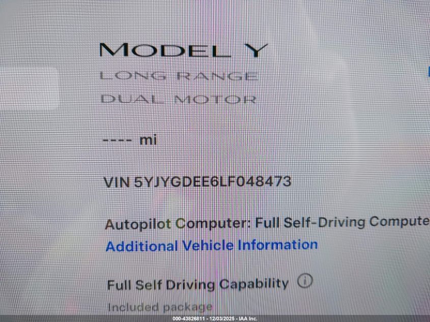 2020 Tesla Model Y Long Range Dual Motor All-Wheel Drive VIN: 5YJYGDEE6LF048473 Lot: 43826811