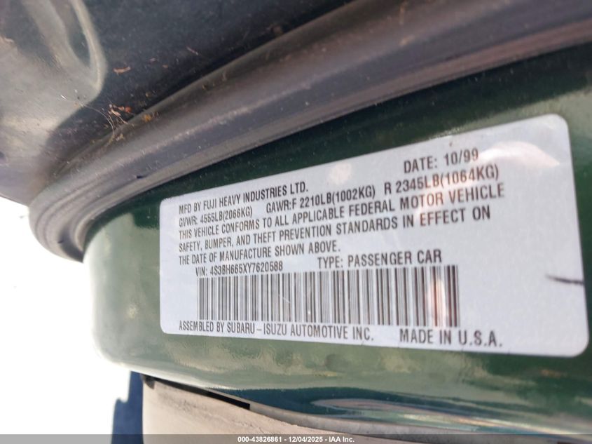 2000 Subaru Outback VIN: 4S3BH665XY7620588 Lot: 43826861