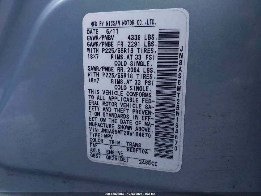 2011 Nissan Rogue Sv VIN: JN8AS5MT2BW184670 Lot: 43826867