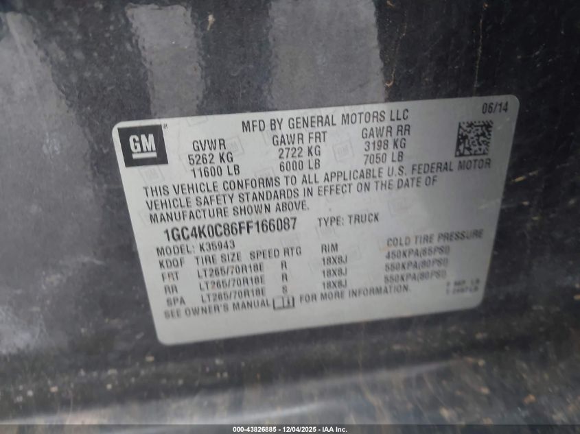 2015 Chevrolet Silverado 3500Hd Ltz VIN: 1GC4K0C86FF166087 Lot: 43826885