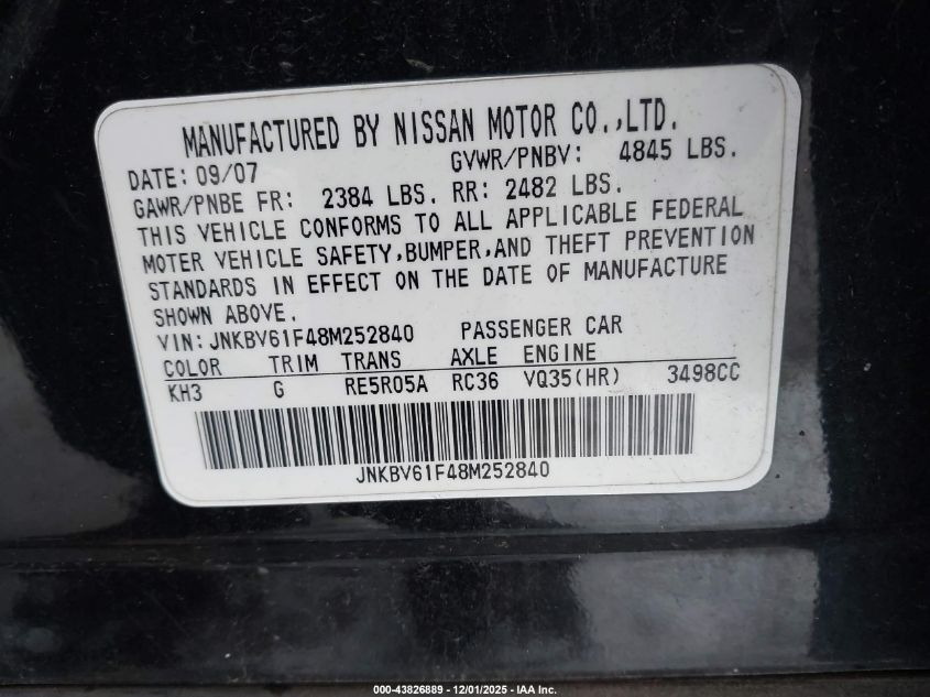 2008 Infiniti G35X VIN: JNKBV61F48M252840 Lot: 43826889