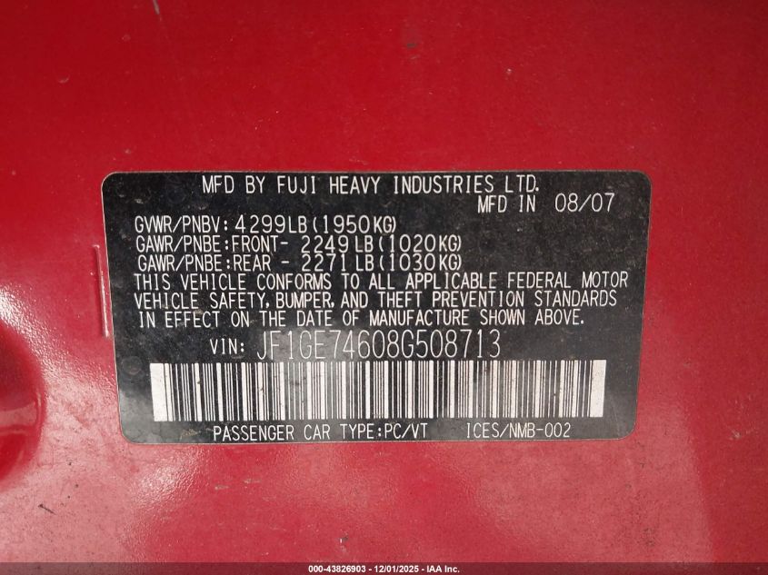 2008 Subaru Impreza Wrx VIN: JF1GE74608G508713 Lot: 43826903