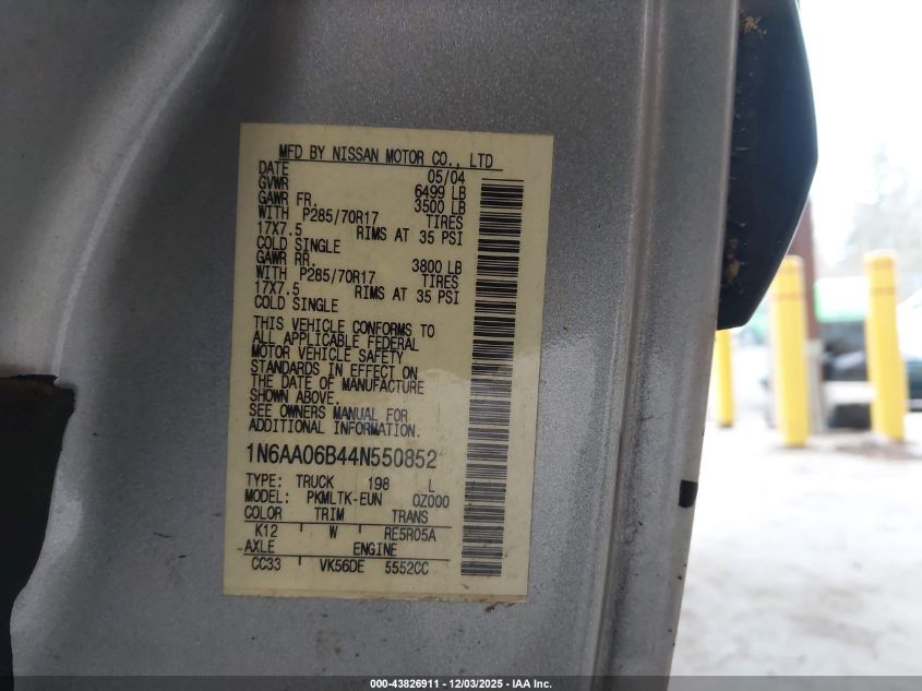 2004 Nissan Titan Se VIN: 1N6AA06B44N550852 Lot: 43826911