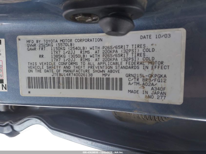 2004 Toyota 4Runner Sr5 V6 VIN: JTEBU14R740026138 Lot: 43826930