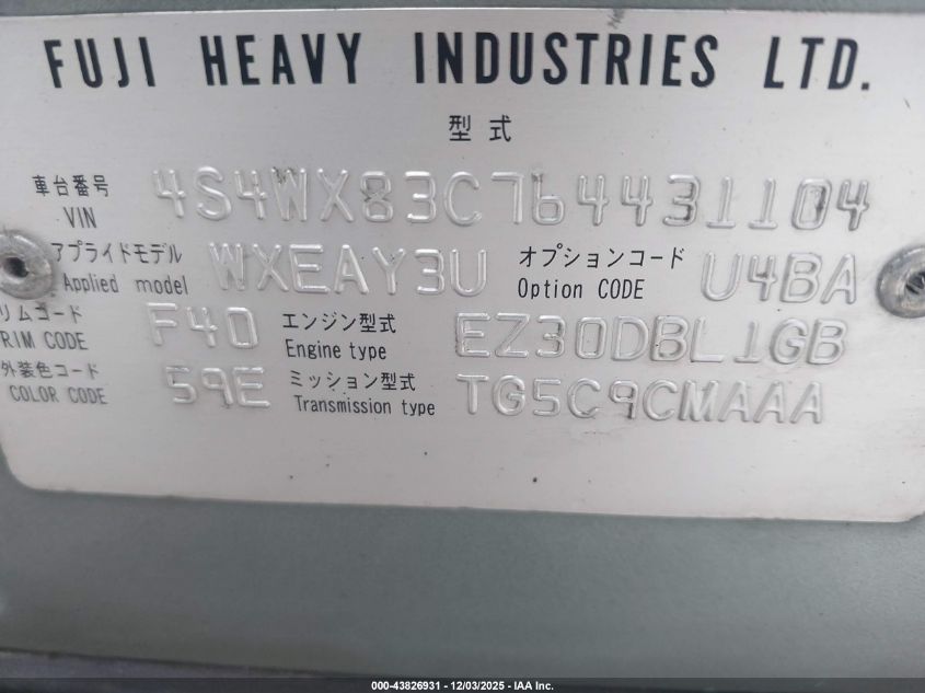 2006 Subaru B9 Tribeca Limited 5-Passenger VIN: 4S4WX83C764431104 Lot: 43826931